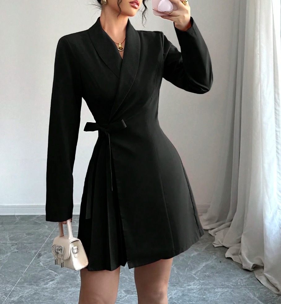 Black Wrap Waist Blazer Dress with Long Sleeves