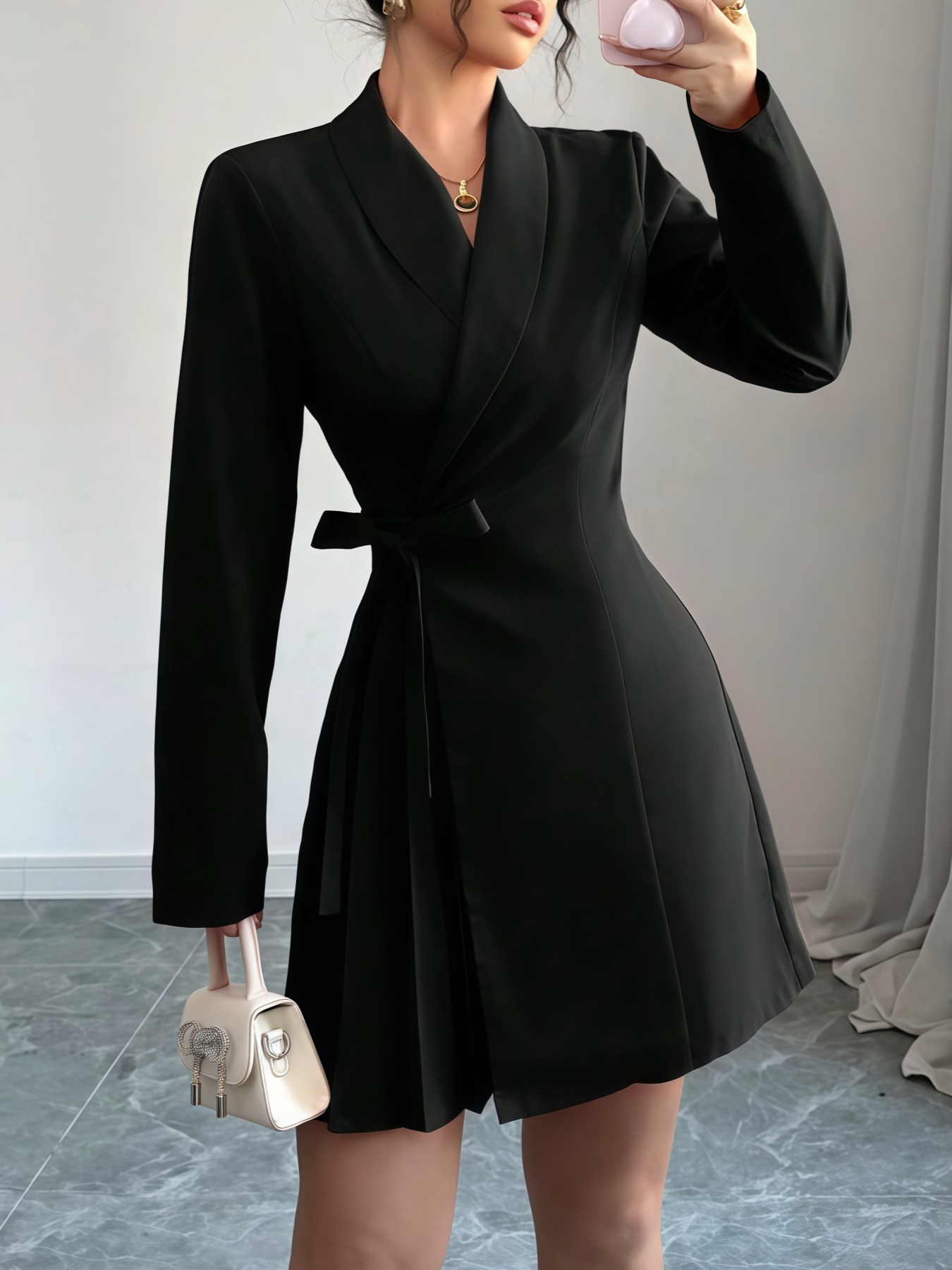 Blazer de mujer negro Cuello Vestido mini envolvente con autocinta en la cintura-Aegean-sea