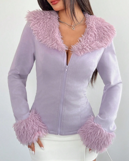 Chaqueta ajustada de color lavanda para mujer con cuello, puños y cremallera delantera de piel esponjosa-Aegean-sea