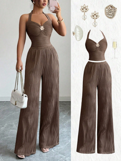 Brown Water Ripple Pattern Chest-Hanging Wide-Leg Set