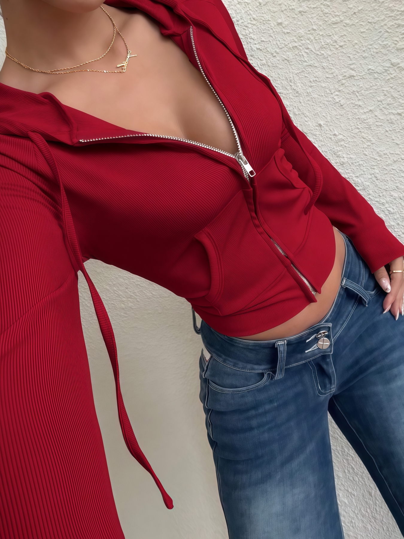 Woman's Red Fitted Rib-Knit Hooded Cropped Zip-Up Jacket | Hot Girl Waist-Baring Casual Cardigan-Aegean-sea