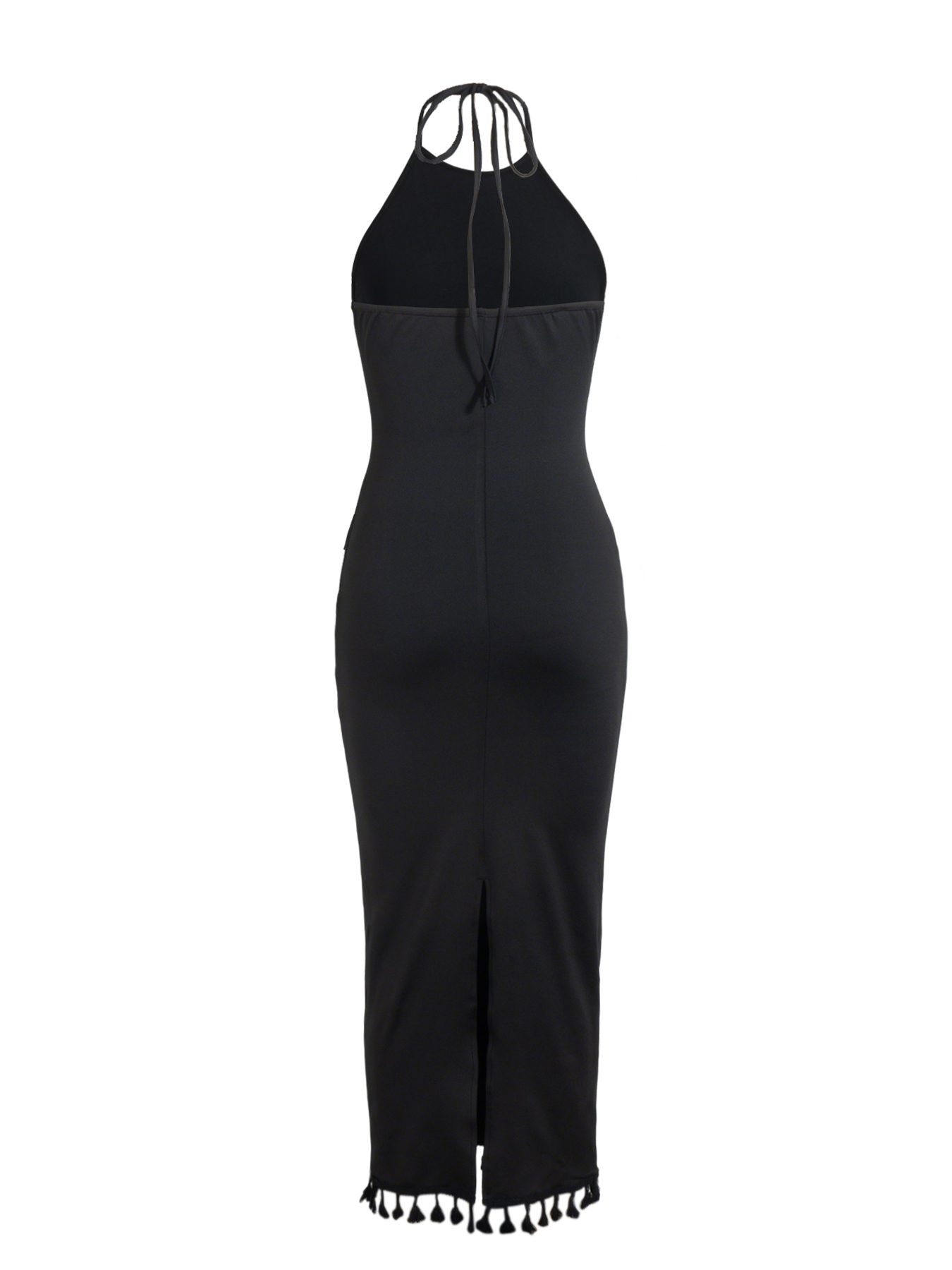 Woman's Black Halter Neck 3D Floral Embellished Tassel Hem Maxi Dress