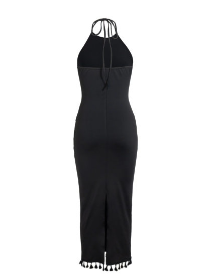 Woman's Black Halter Neck 3D Floral Embellished Tassel Hem Maxi Dress