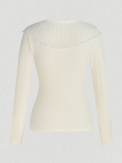Women's Cream V-Neck Long Sleeve Top with Asymmetric Ruffle Lace Trim and Ribbed Detail