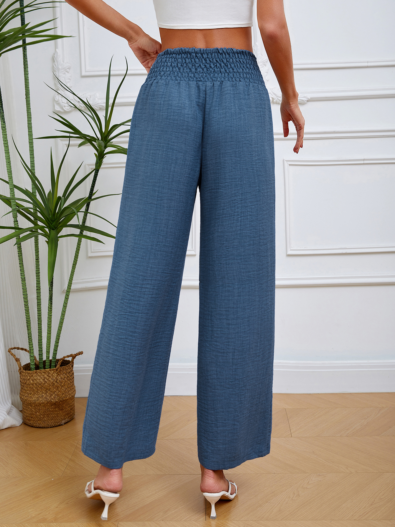 Women's Blue Smocked Waist Wide Leg Pants-Aegean-sea