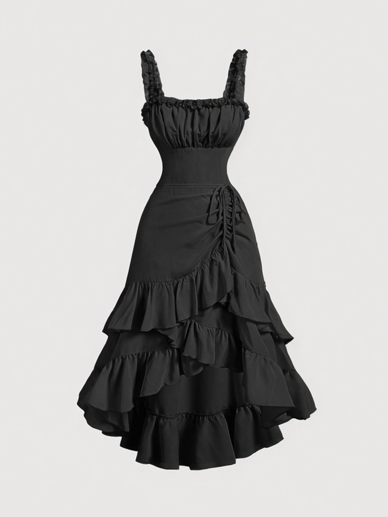Black Square Neck Ruffled Tiered Dress - Lace Trim Straps & Asymmetrical Hem