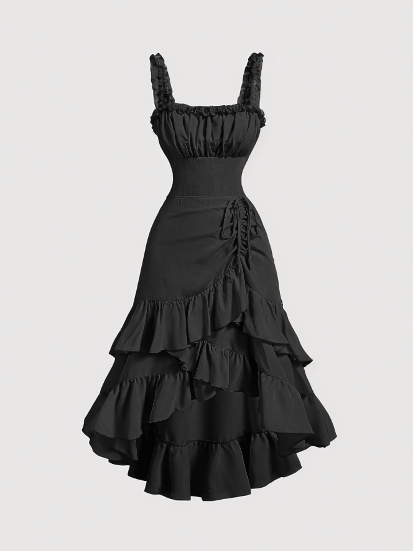 Black Square Neck Ruffled Tiered Dress - Lace Trim Straps & Asymmetrical Hem