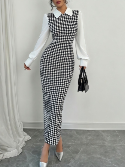Woman's Black & White Houndstooth Two-In-One Dress | White Shirt Collar Puff Sleeve Fitted Maxi Office Dress-Aegean-sea