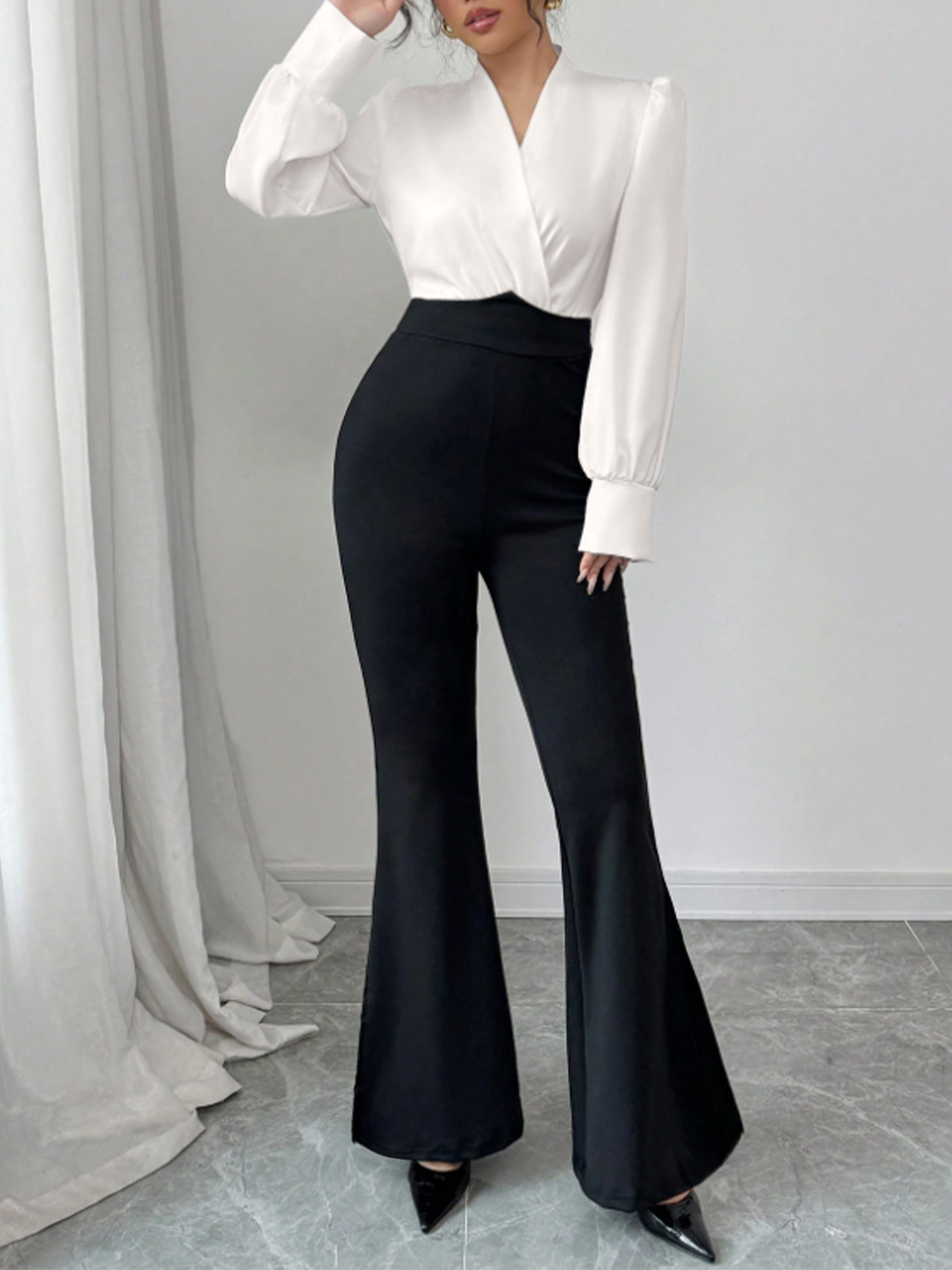 Woman's White Wrap Blouse & Black High-Waisted Flare Pants Two-Piece Set-Aegean-sea