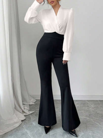 Woman's White Wrap Blouse & Black High-Waisted Flare Pants Two-Piece Set-Aegean-sea