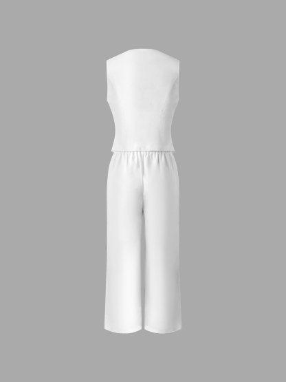 Women's White Lace-Up V-Neck Sleeveless Vest and Wide-Leg Pants Set-Aegean-sea