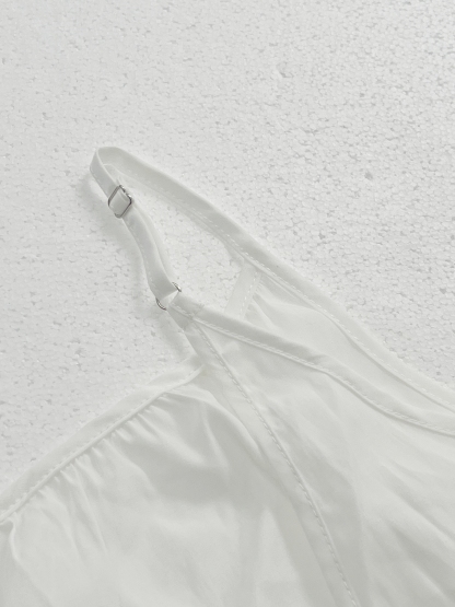 Women's White Spaghetti Strap Ruffle Hem Nightdress-Aegean-sea