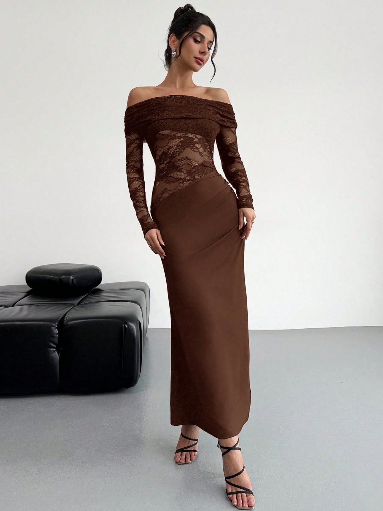 Woman's Chocolate Brown Off-Shoulder Lace Long Sleeve Bodycon Maxi Dress