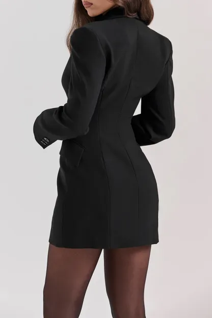 Black Cut-Way Suit Dress Pure Dark V-neck Long-Sleeve Short Skirt-Aegean-sea