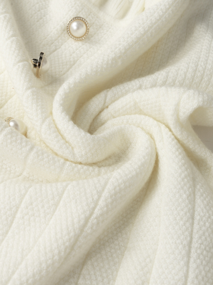 Woman's White Ruffled Square Neck Ribbed Knit Top with Pearl Buttons-Aegean-sea