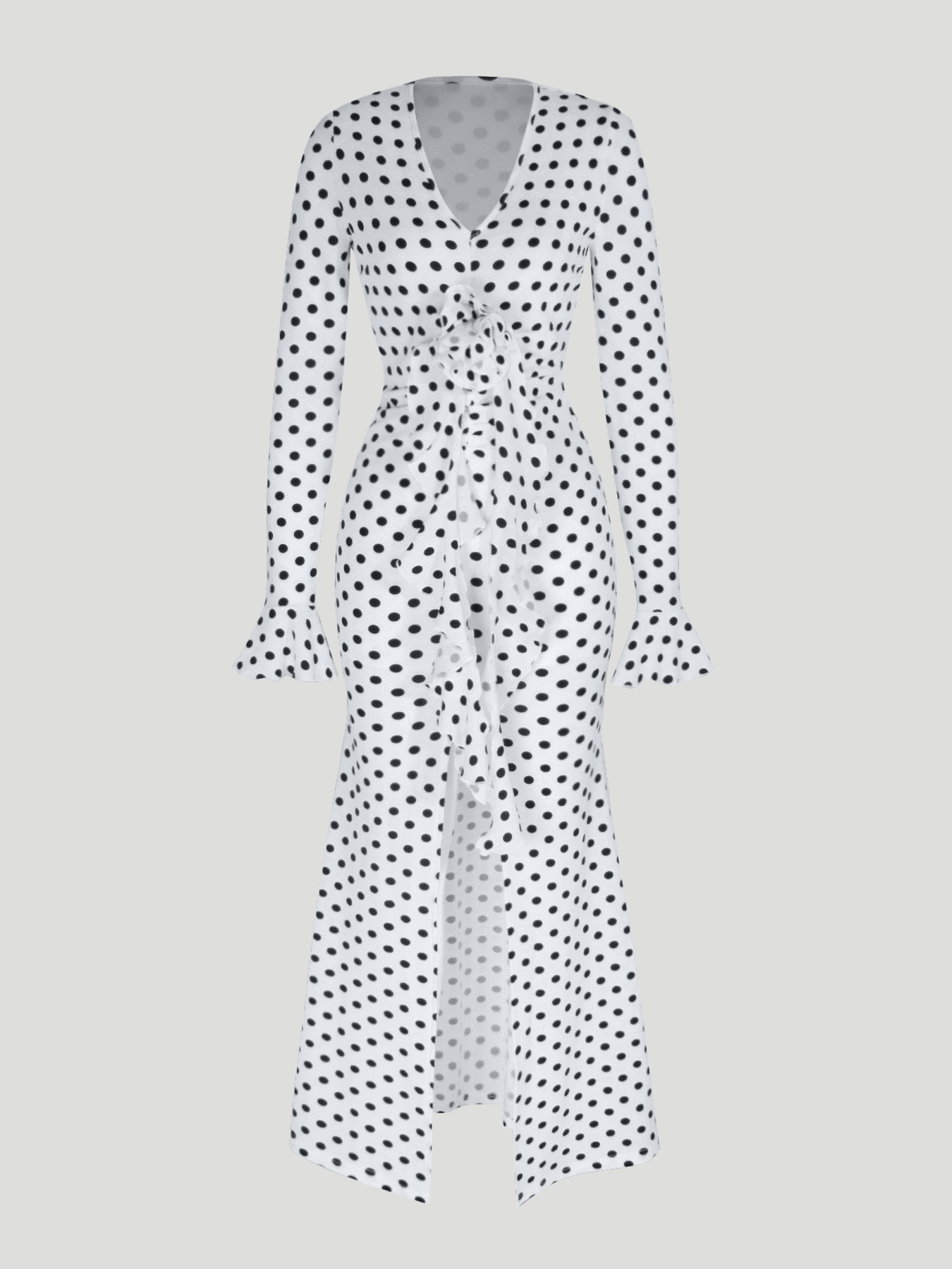 Woman's Black & White Polka Dot V-Neck Bell-Sleeve Tie-Waist Slit Maxi Dress-Aegean-sea