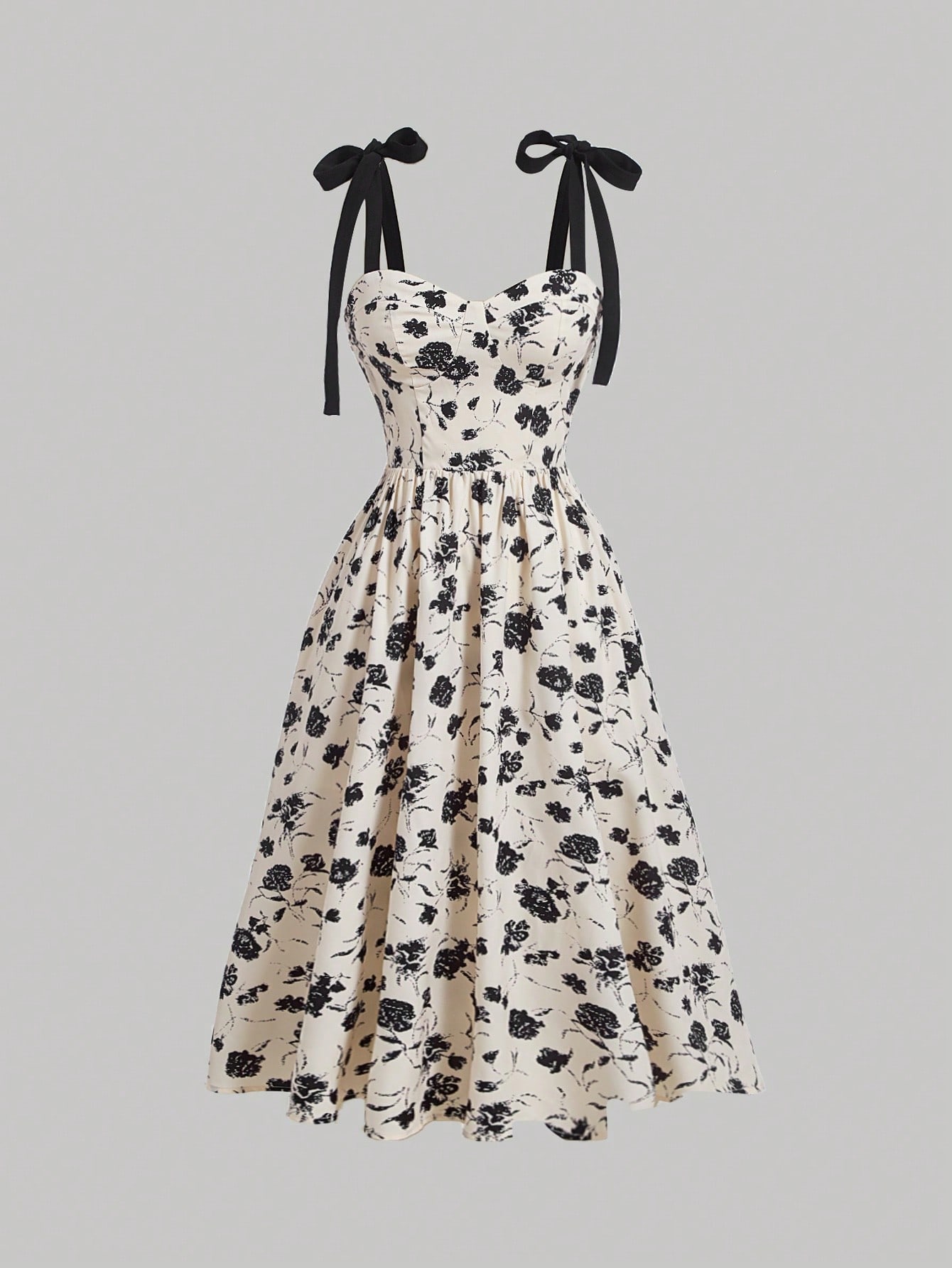 Women's Black and White Floral Print Spaghetti Strap Midi Dress-Aegean-sea