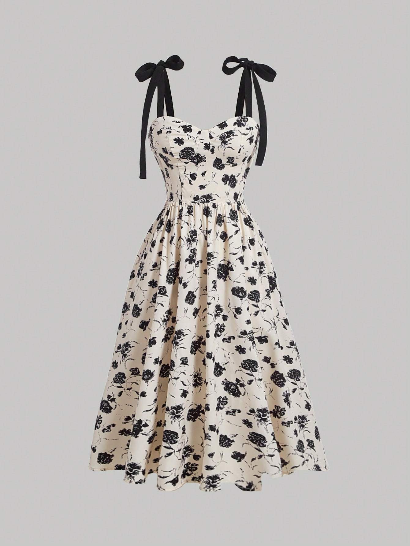 Women's Black and White Floral Print Spaghetti Strap Midi Dress-Aegean-sea