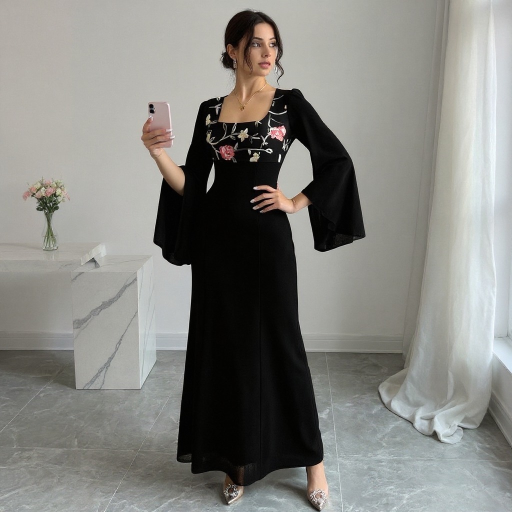 Woman's Square Neck Bell Sleeve Maxi Dress with Floral Embroidery-Aegean-sea