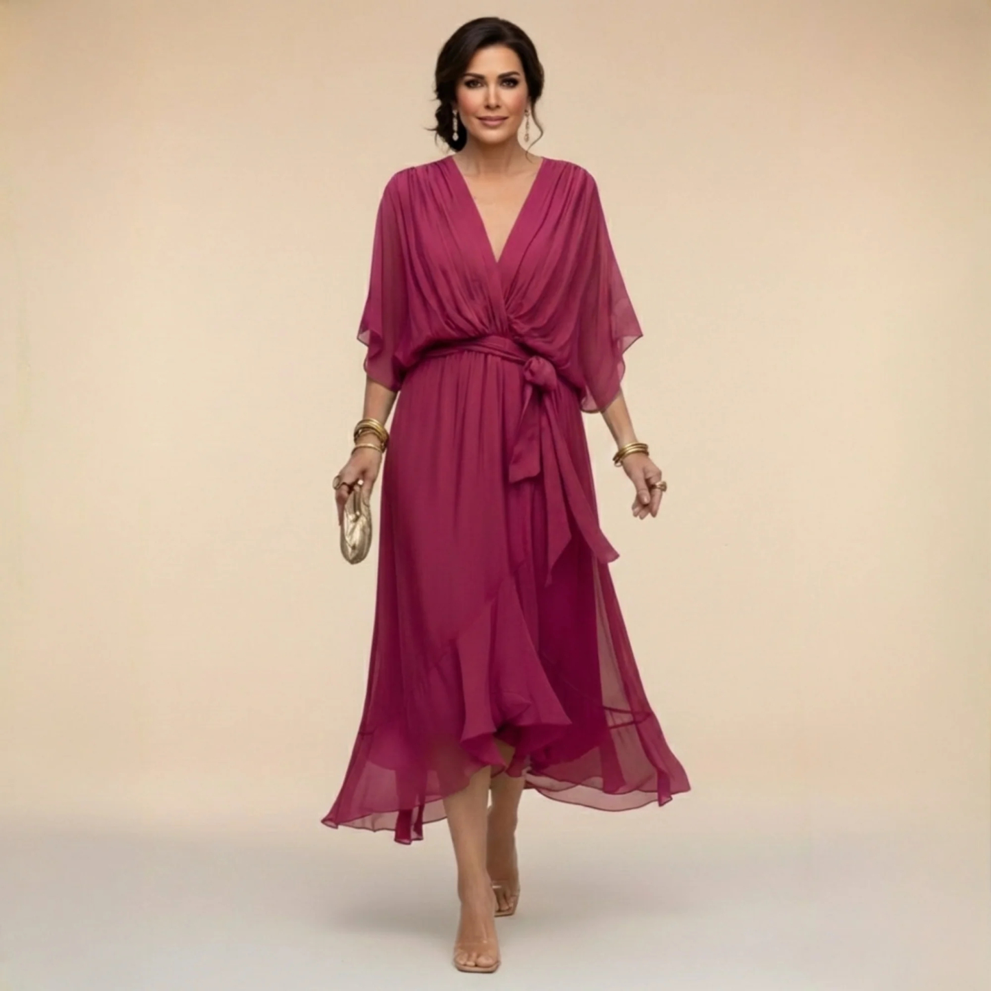 Women's Elegant V Neck Batwing Sleeve Tie Waist Ruffle Hem Sheer Chiffon Formal Midi Dress