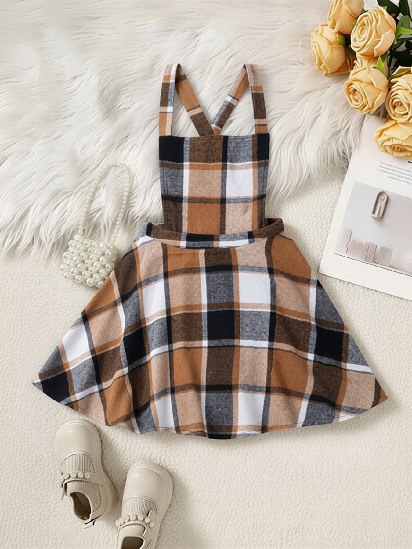 Women‘s plaid shoulder straps A-short skirt