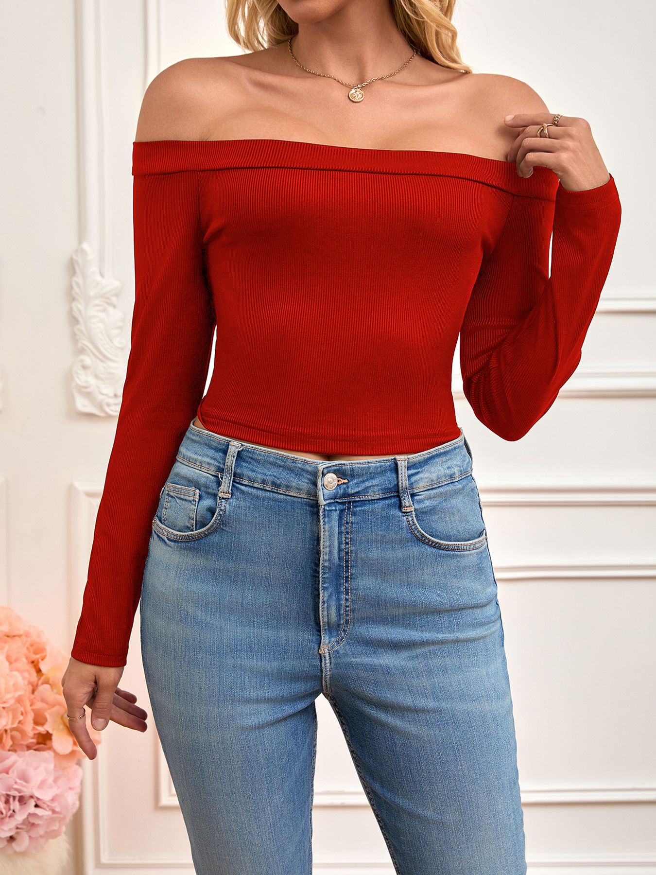 Women's Red Ribbed Off-The-Shoulder Long Sleeve Crop Top-Aegean-sea