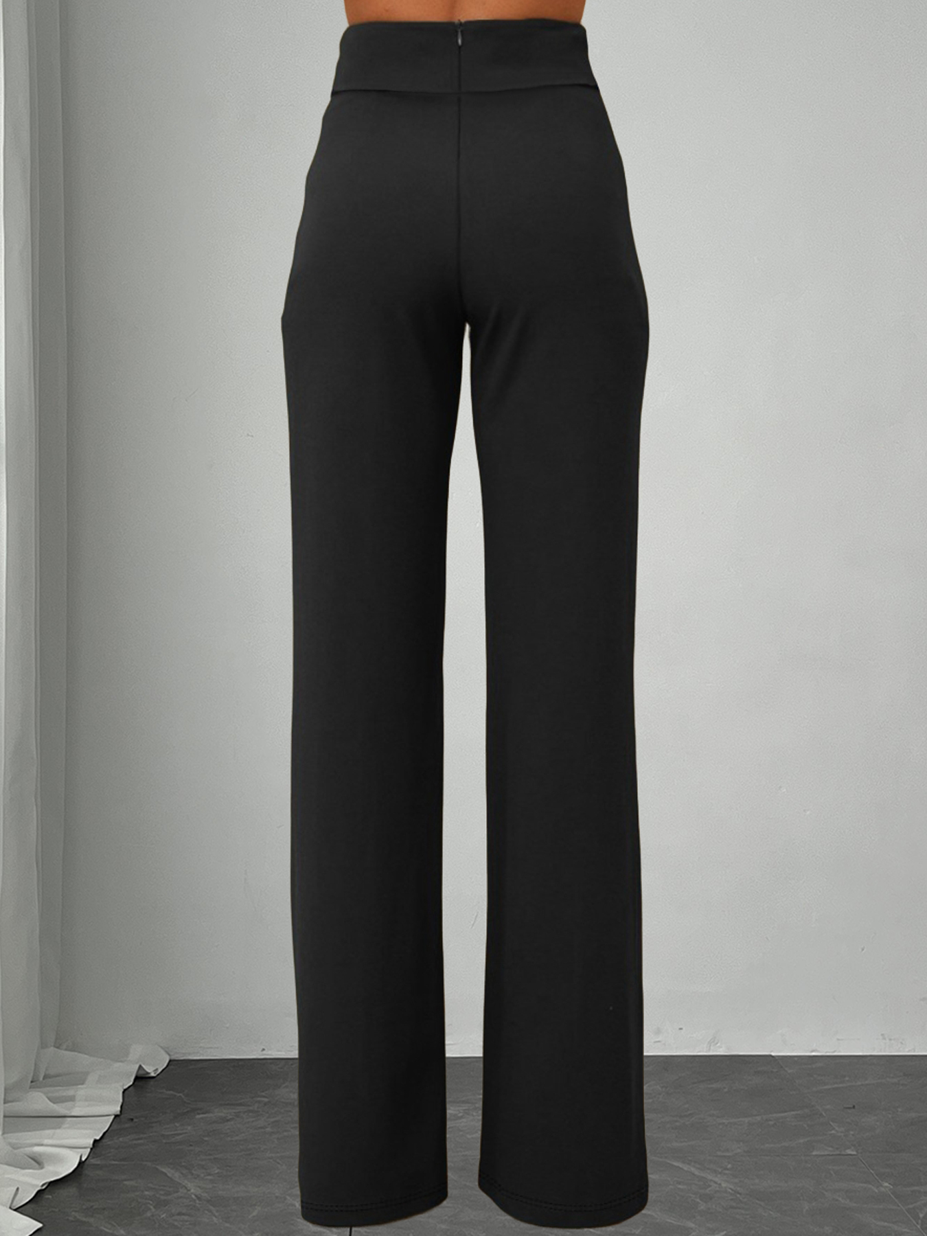 Black High-Waisted Wide Leg Pants with Gold Buckle Detail-Aegean-sea