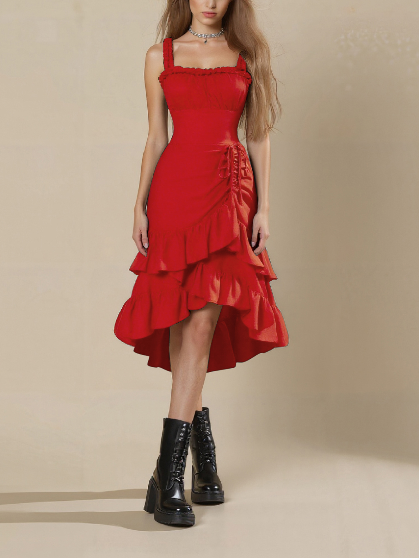 Red Ruffled High-Low Hem Cami Dress-Aegean-sea