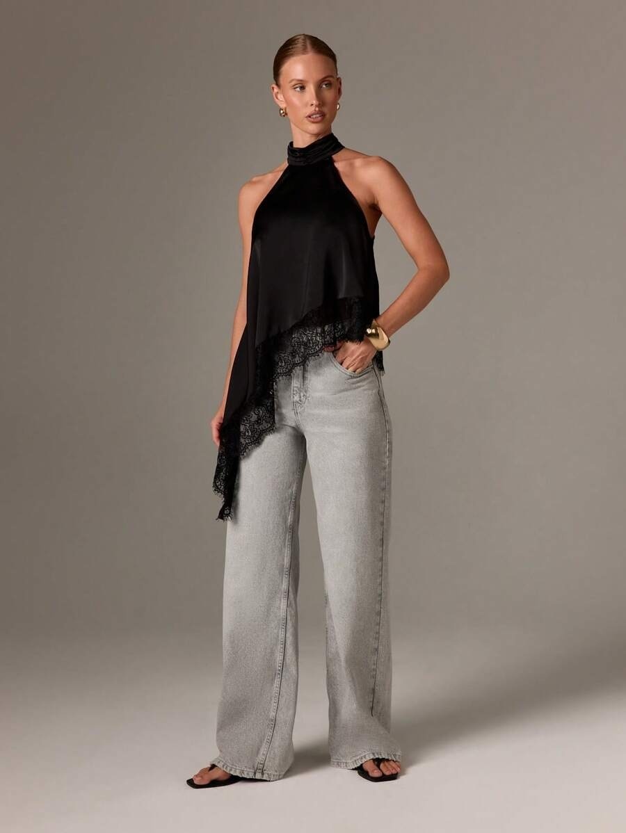 Black satin slingback vest, asymmetric lace stitching sleeveless top with asymmetric hem