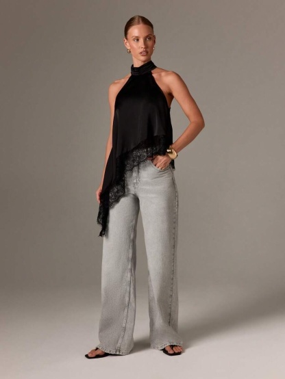 Black satin slingback vest, asymmetric lace stitching sleeveless top with asymmetric hem