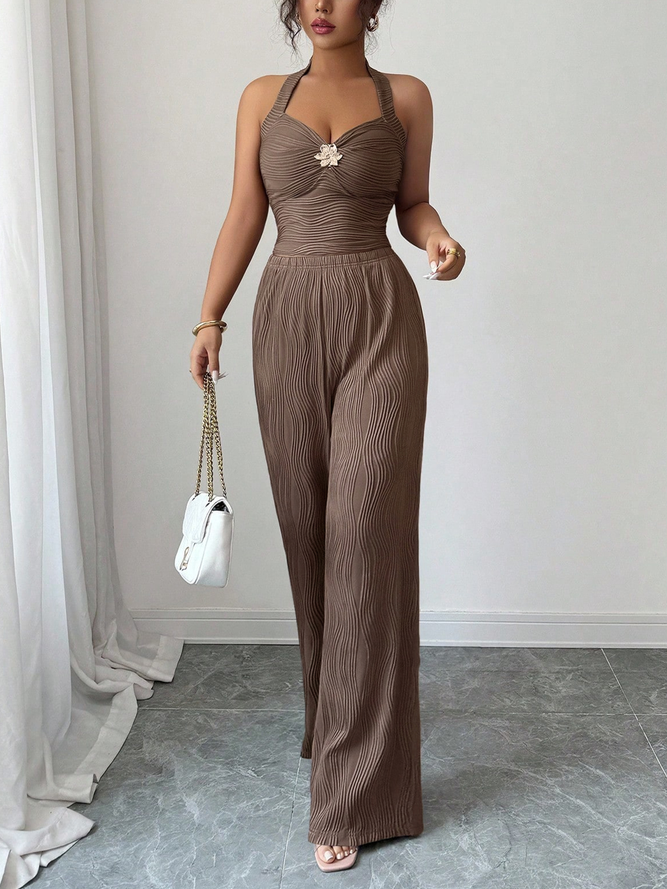 Brown Water Ripple Pattern Chest-Hanging Wide-Leg Set