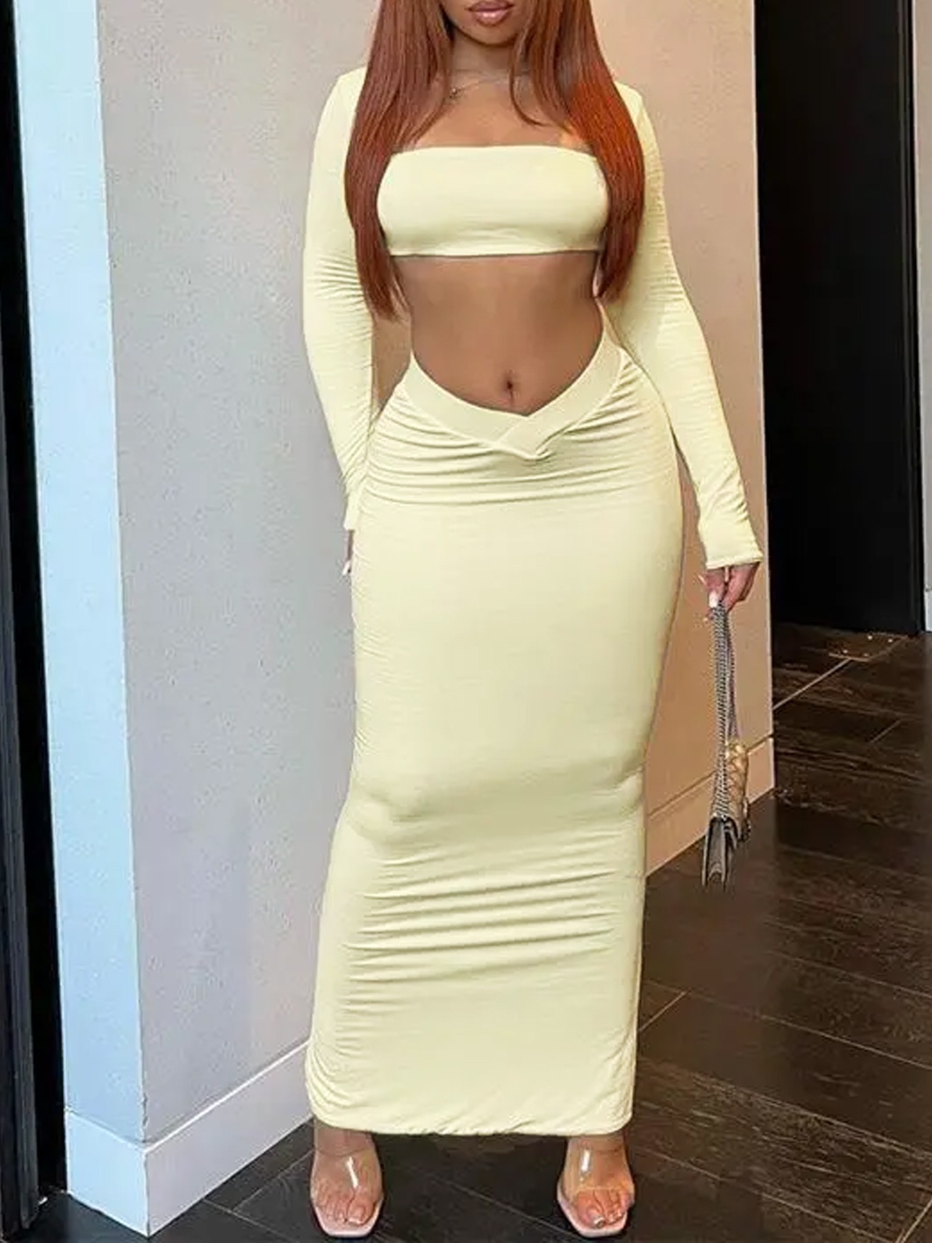 Square-neck long-sleeve two-piece set, fitted crop top, bodycon long skirt, solid color slim-fit suit-Aegean-sea