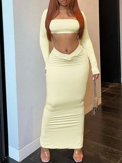 Square-neck long-sleeve two-piece set, fitted crop top, bodycon long skirt, solid color slim-fit suit-Aegean-sea