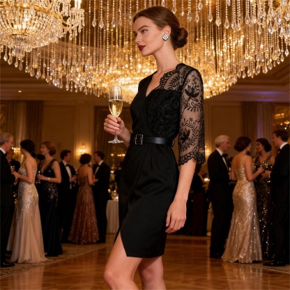 Black lace-stitched suit dress Cut-waisted split skirt Hot girl-style work-to-work party dress