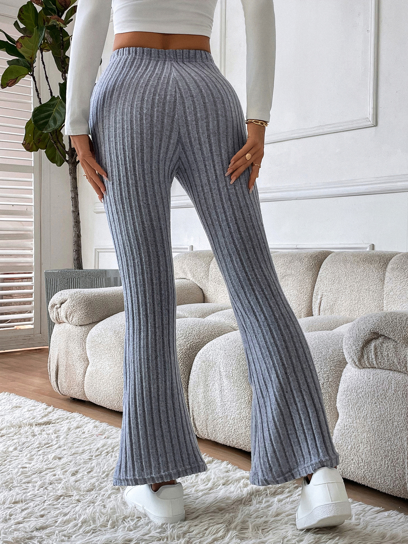 Gray vertical knit bell-bottom pants for women-Aegean-sea