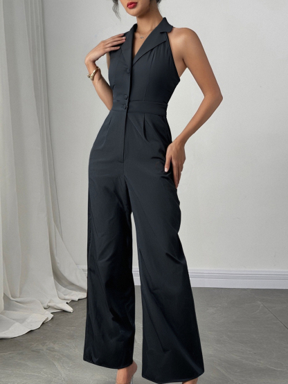 Woman's sleeveless backless suit collar-buttoned high-waisted wide-legged jumpsuit-Aegean-sea
