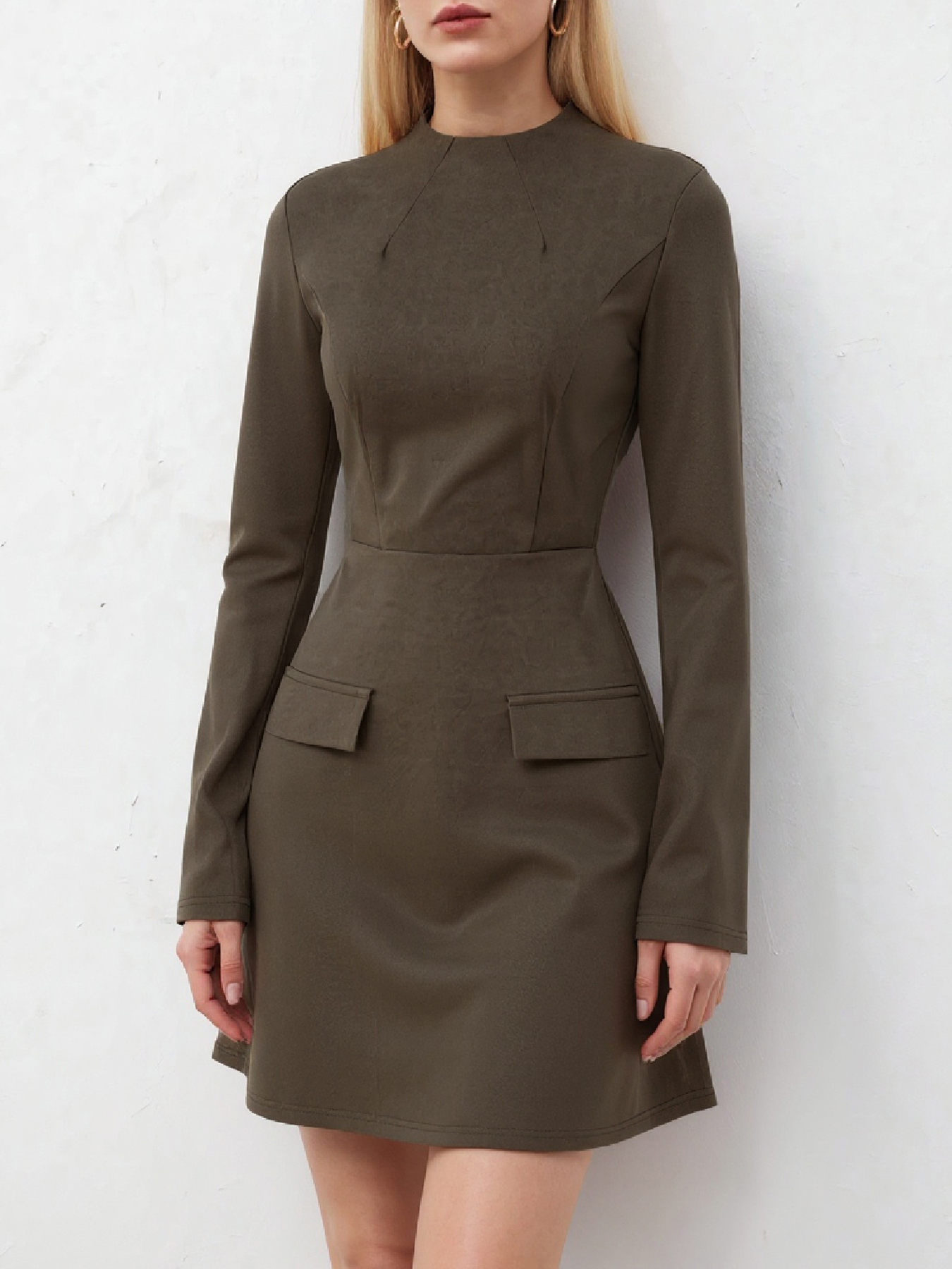 Women's Olive Green Mock Neck Long Sleeve Bodycon Mini Dress with Pockets-Aegean-sea