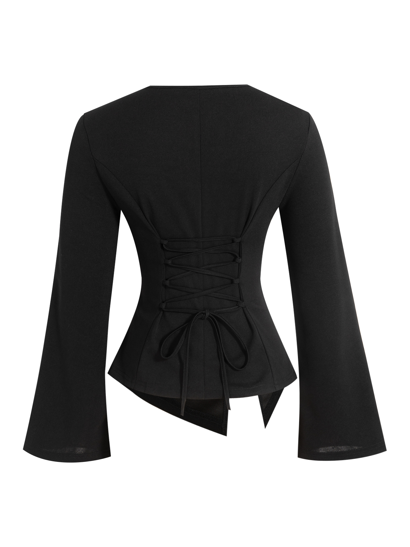 Camiseta con mangas acampanadas asimétricas de cuello para mujer con espalda de lazo y dobladillo de peplum-Aegean-sea