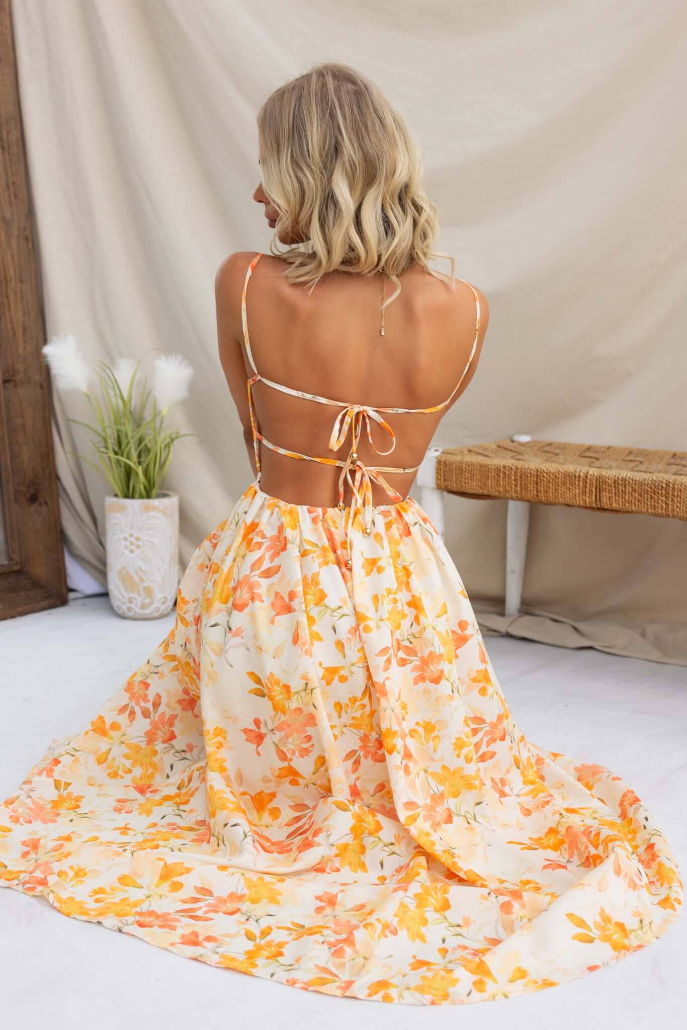 Women's Spaghetti Strap Floral Print Maxi Dress - Sweetheart Neck Corset Bodice A-Line Dress