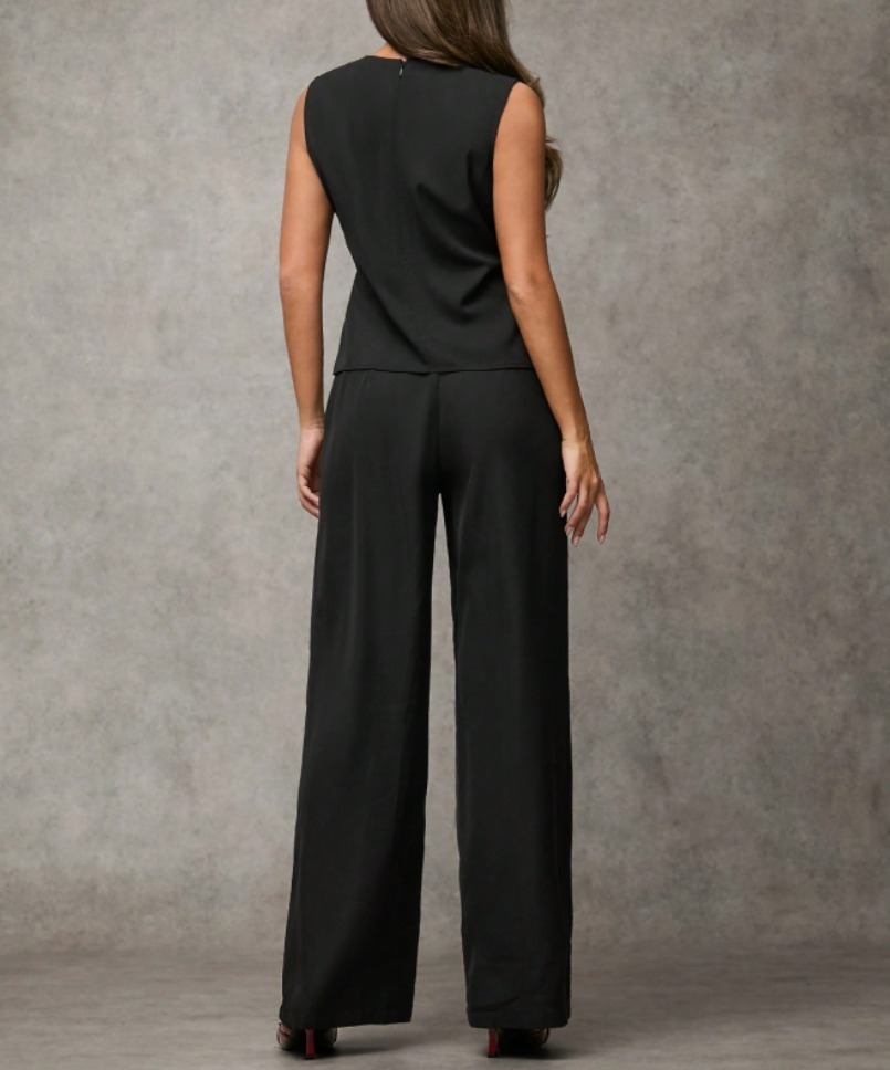 Women's Black Sleeveless Peplum Top and Wide-Leg Pants Set-Aegean-sea