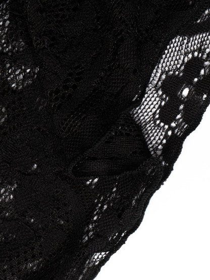 Woman's Black Lace Chest Cutout Cropped Top | Sexy Deep V Fitted Long-Sleeve Hot Girl Inner Wear-Aegean-sea