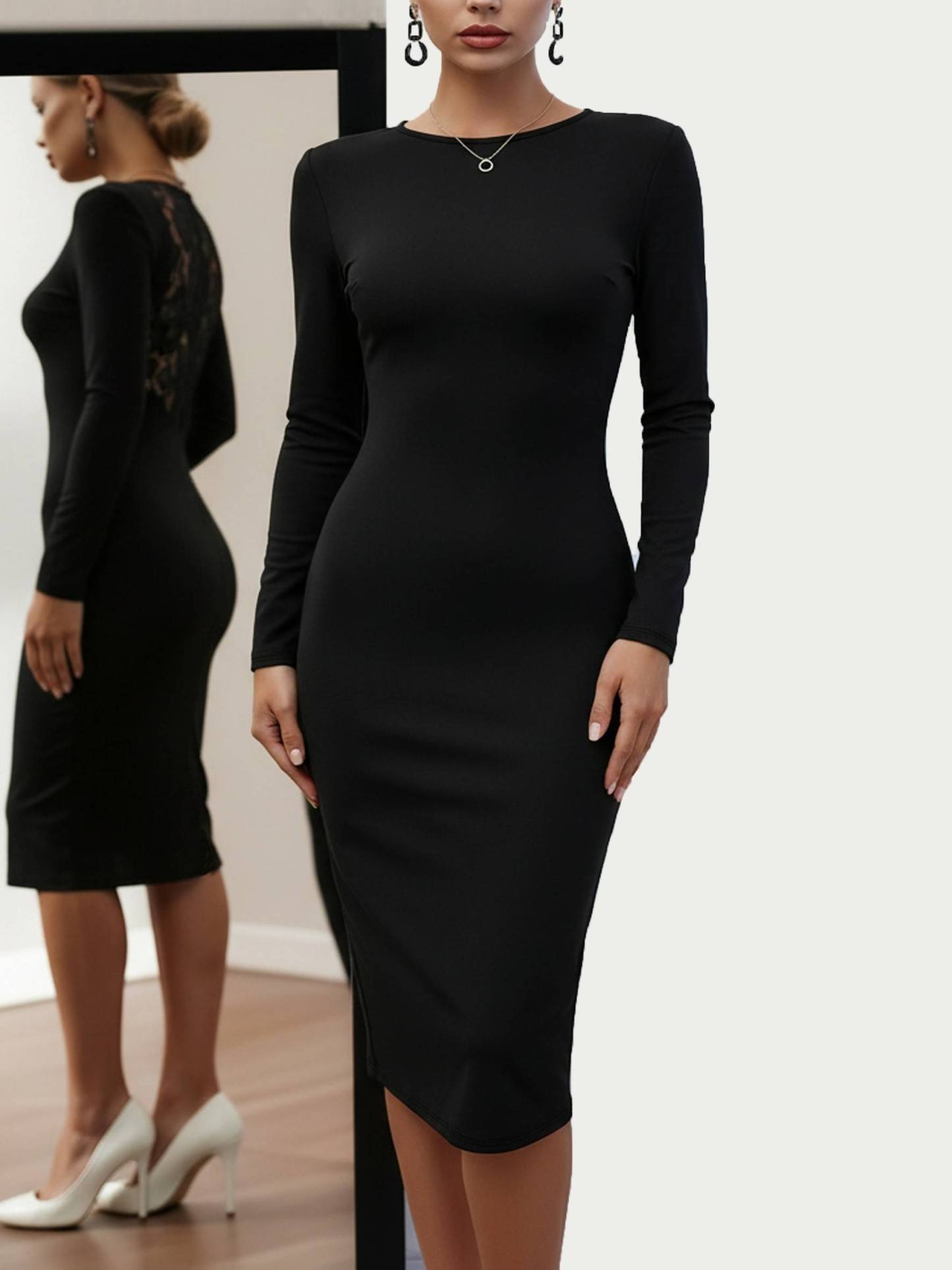 Black lace back-baring, long-sleeved, hip-to-hip dress, workplace party-style body-fitting mid-length skirt