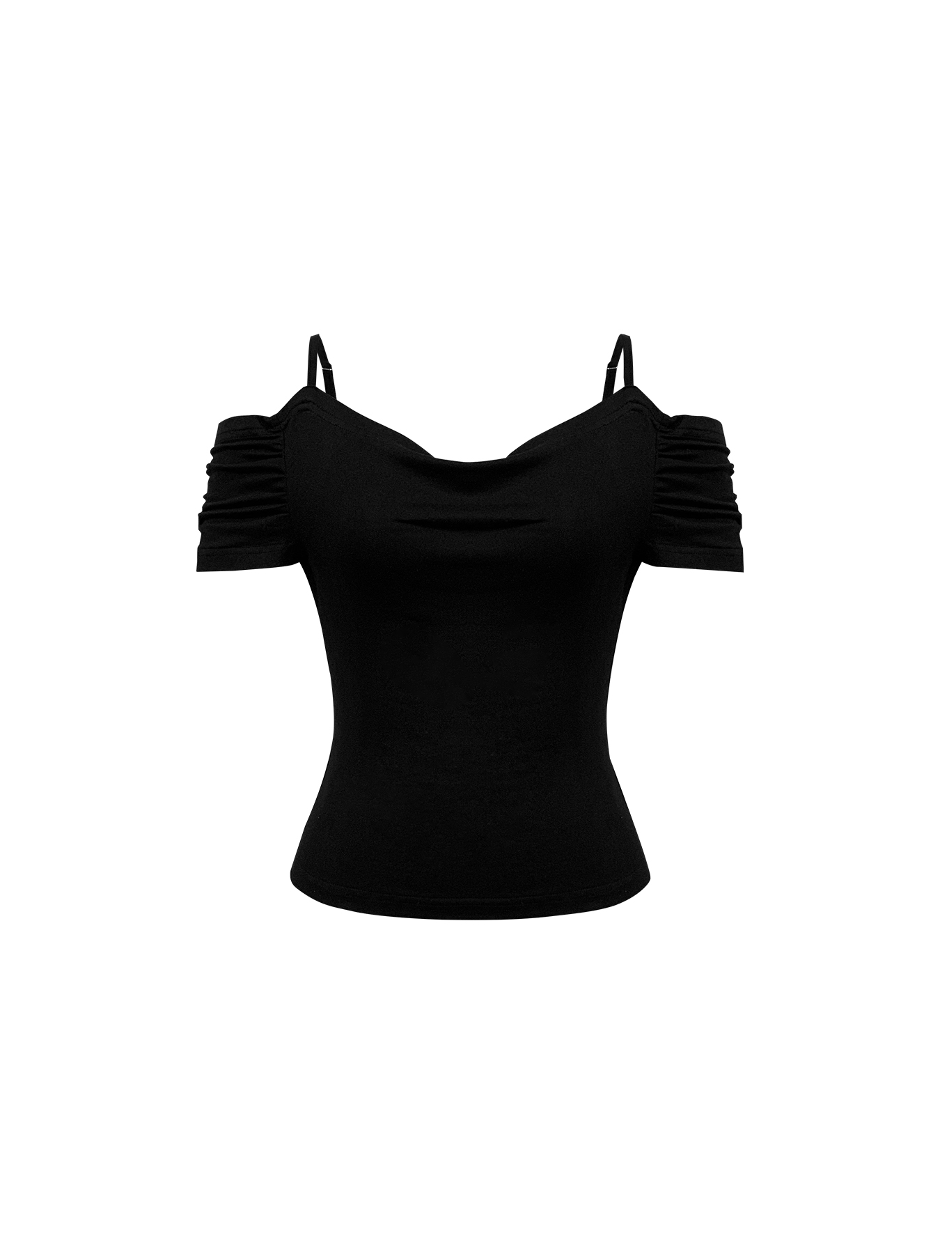 Woman's Off-Shoulder Spaghetti Strap Ruched Short Sleeve Bodysuit-Aegean-sea