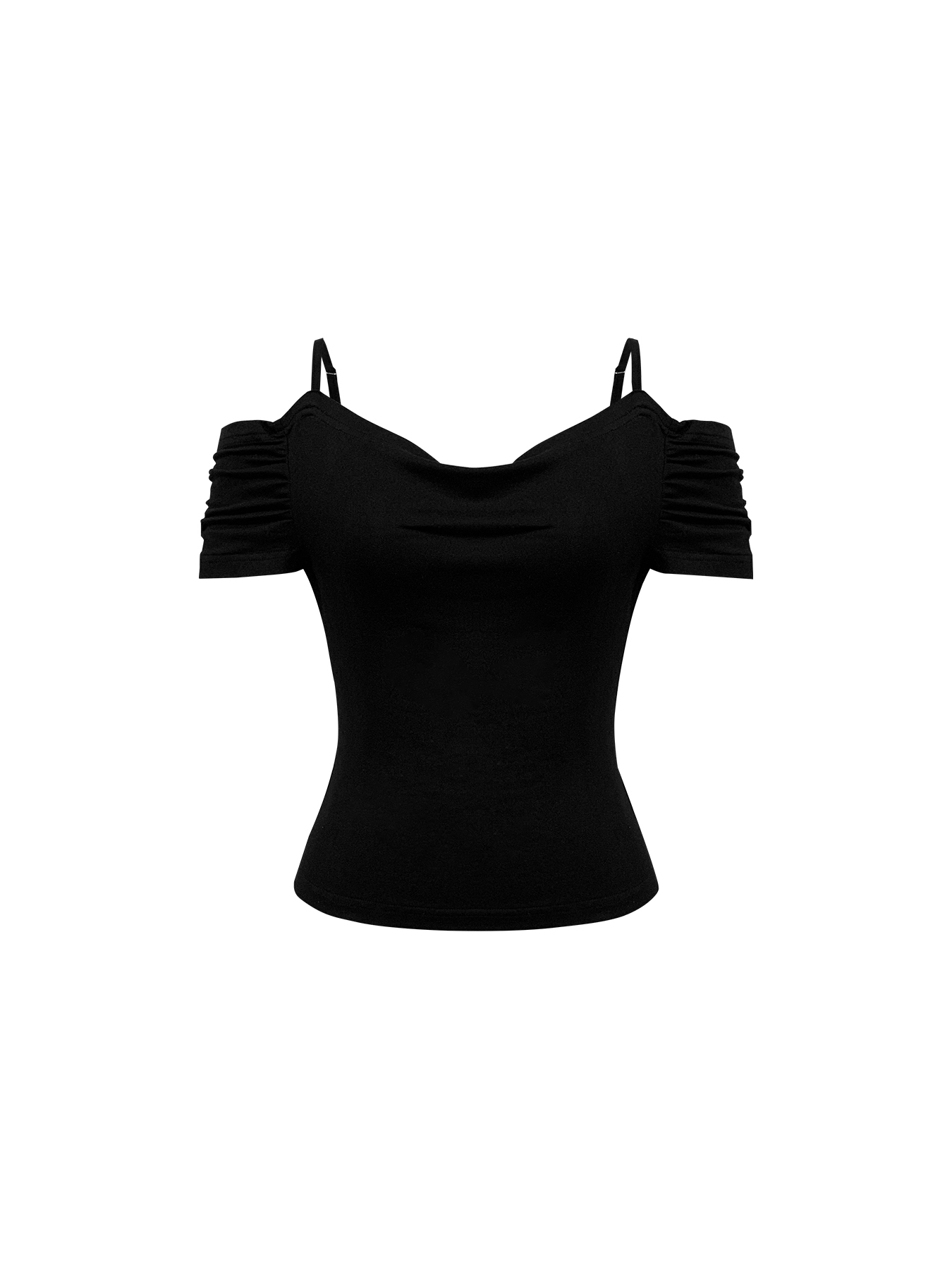 Woman's Off-Shoulder Spaghetti Strap Ruched Short Sleeve Bodysuit-Aegean-sea