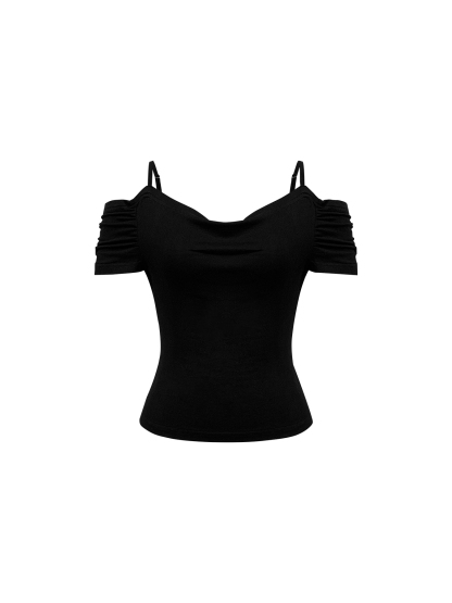 Woman's Off-Shoulder Spaghetti Strap Ruched Short Sleeve Bodysuit-Aegean-sea