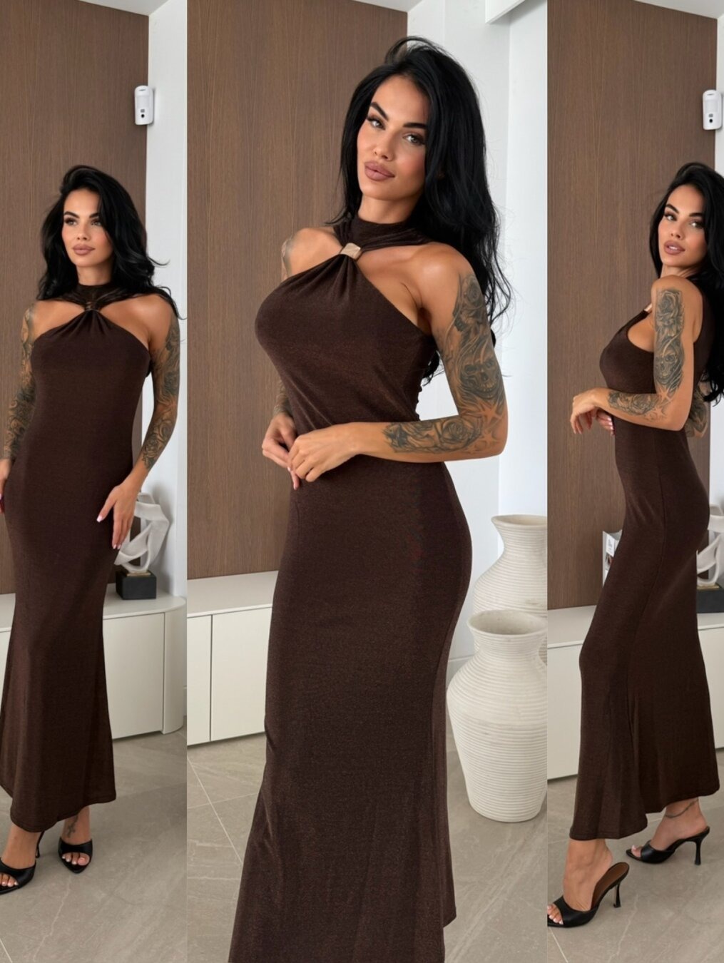 Dark-brown metal collared dress woman, slim-waisted long skirt with tight hips