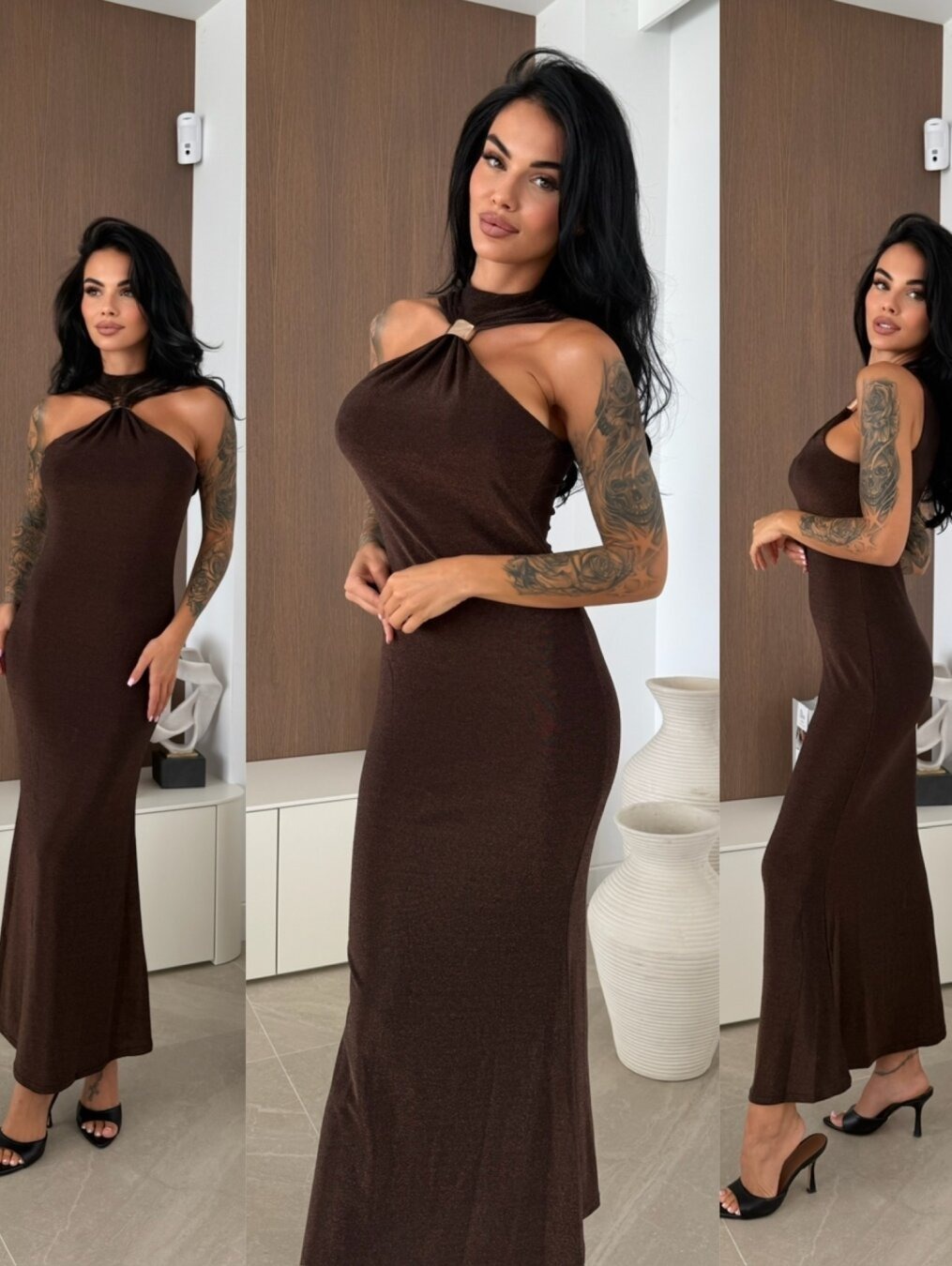Dark-brown metal collared dress woman, slim-waisted long skirt with tight hips