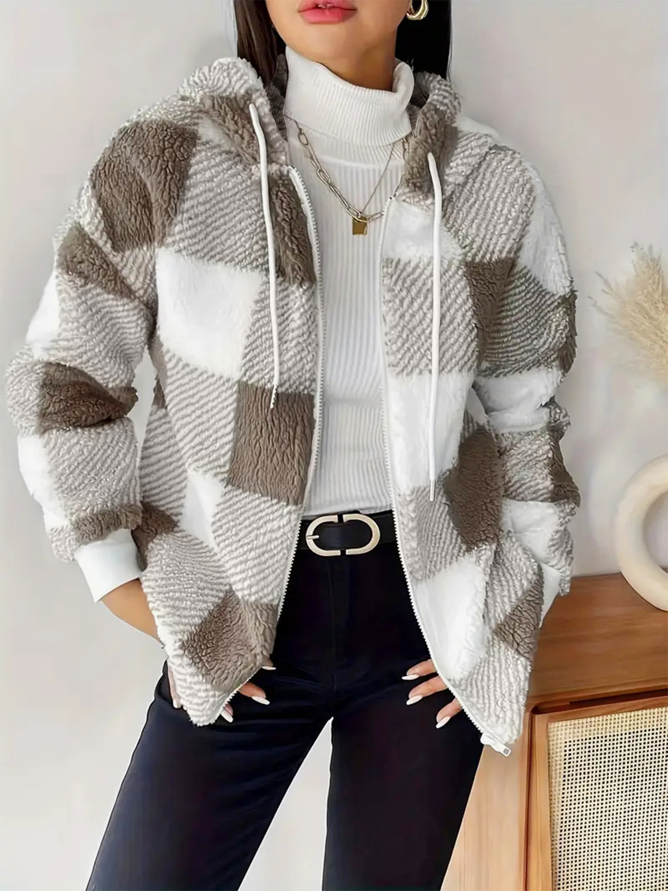 Women's Plaid Fuzzy Hooded Zip-Up Coat-Aegean-sea