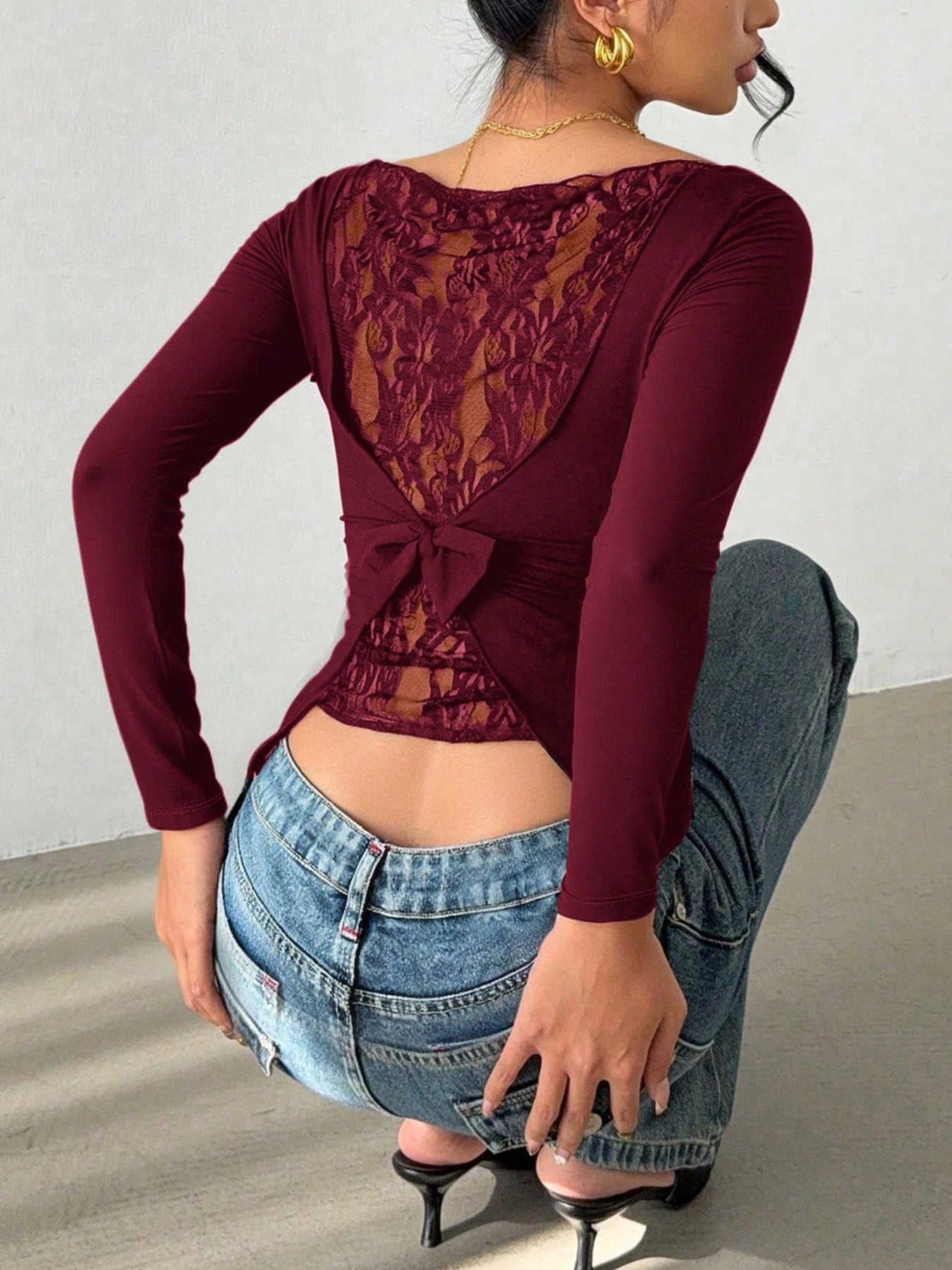Women's Burgundy Long-Sleeve Off-the-Shoulder Back Lace Cutout Bow-Accent Fitted Blouse