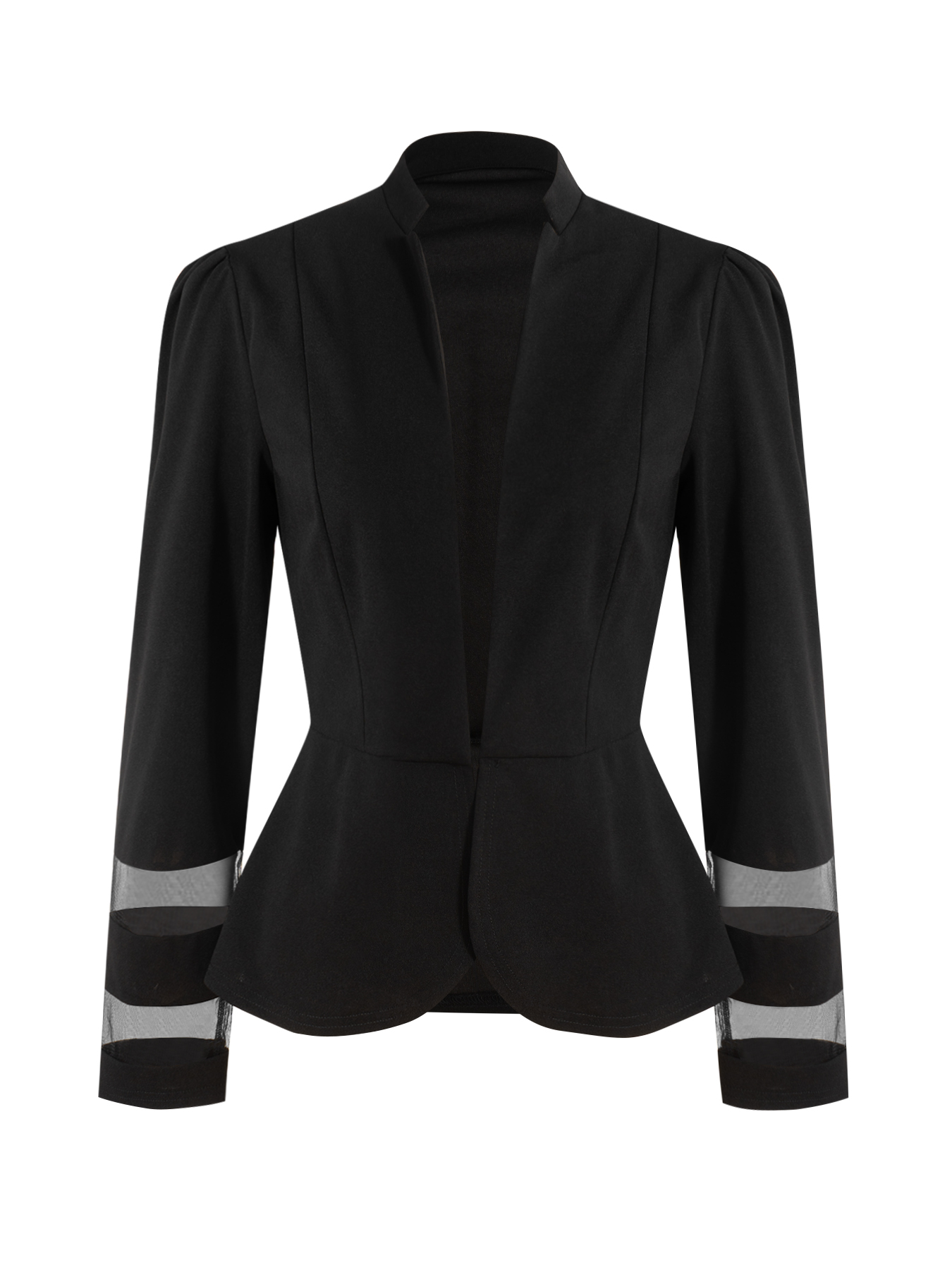 Woman's Black Stand-Collar Waist-Fitted Blazer | Cuff Sheer Mesh Panel Office Suit Jacket-Aegean-sea